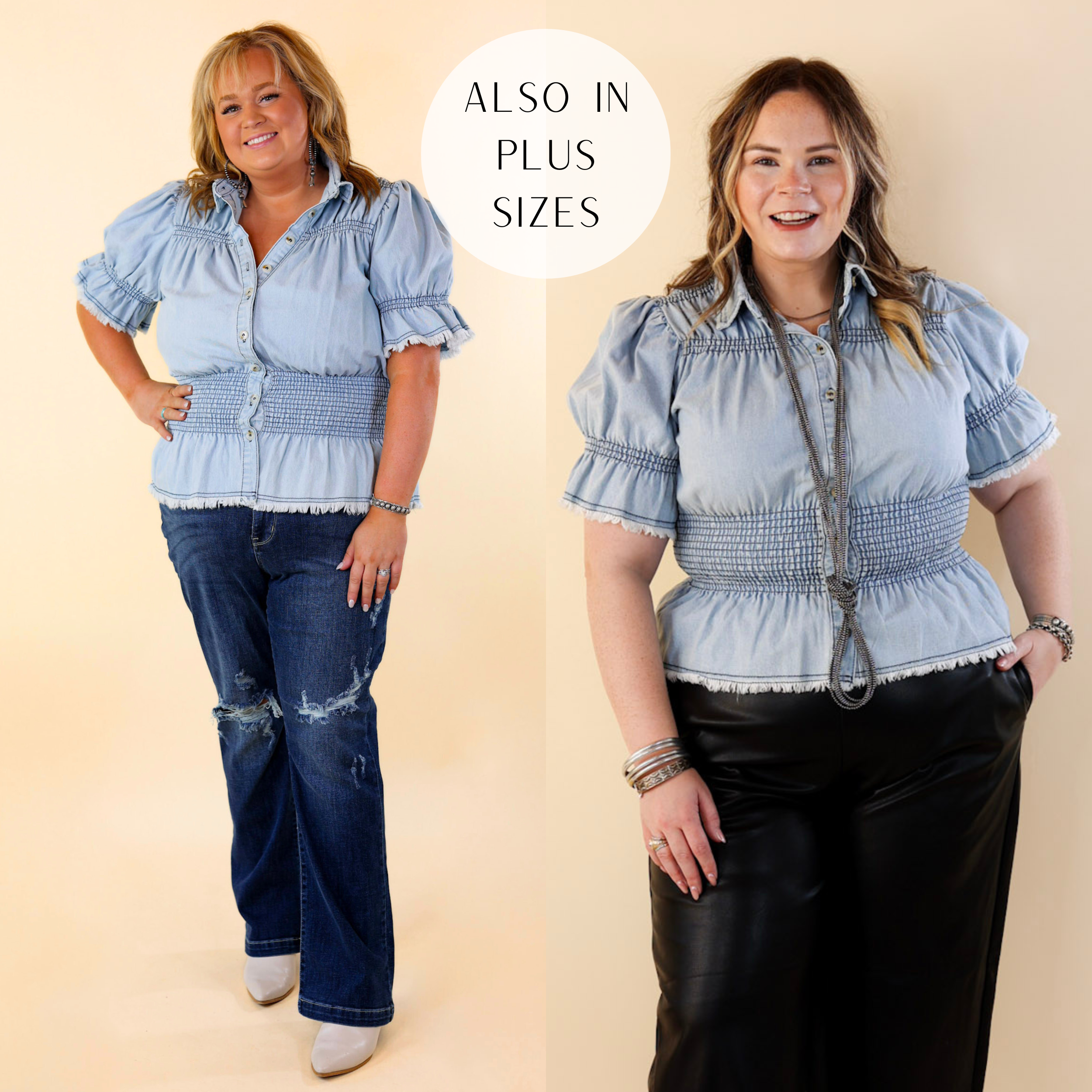 Models are wearing a button up denim peplum top with short balloon sleeves and a raw hem around the waist and sleeves. Plus size model has it paired with dark wash jeans, white booties, and silver jewelry. Size large model has it paired with black pants and silver jewelry.