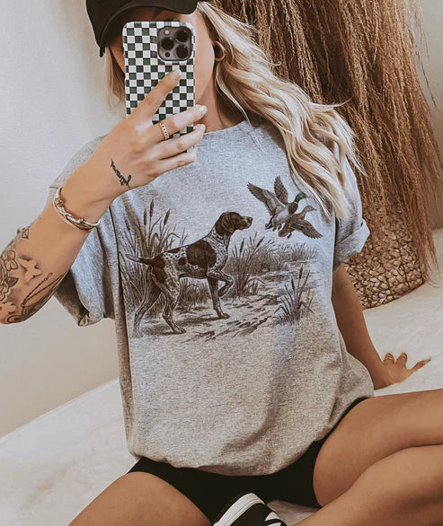 Online Exclusive | Duck Hunting Pointer Dog Graphic on Tee or Sweatshirt Option in Cream or Gray