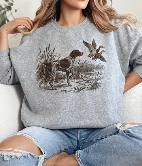 Online Exclusive | Duck Hunting Pointer Dog Graphic on Tee or Sweatshirt Option in Cream or Gray