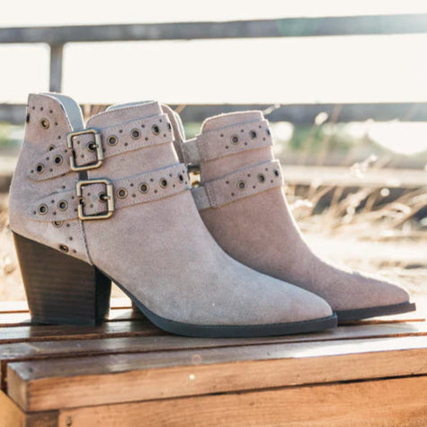 Online Exclusive | Elsa Leather Buckle Ankle Boot in Taupe