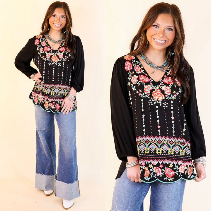 Early Bird Embroidered Front 3/4 Sleeve Top with V Neck in Black