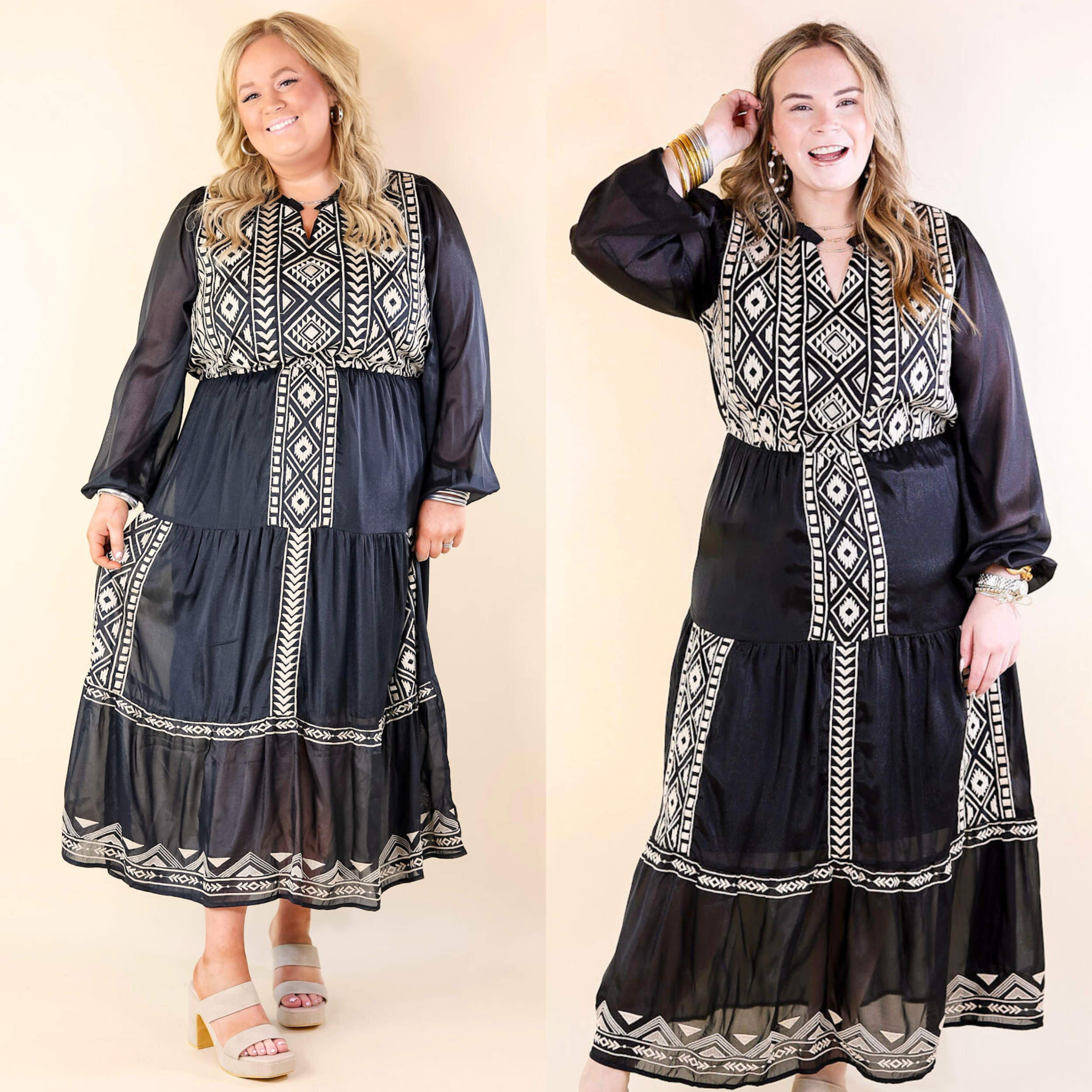 Bring The Drama Ivory Embroidered Maxi Dress with Long Sleeves in Black