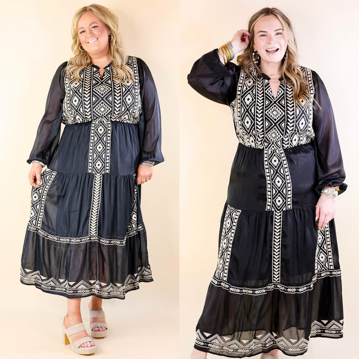 Bring The Drama Ivory Embroidered Maxi Dress with Long Sleeves in Black