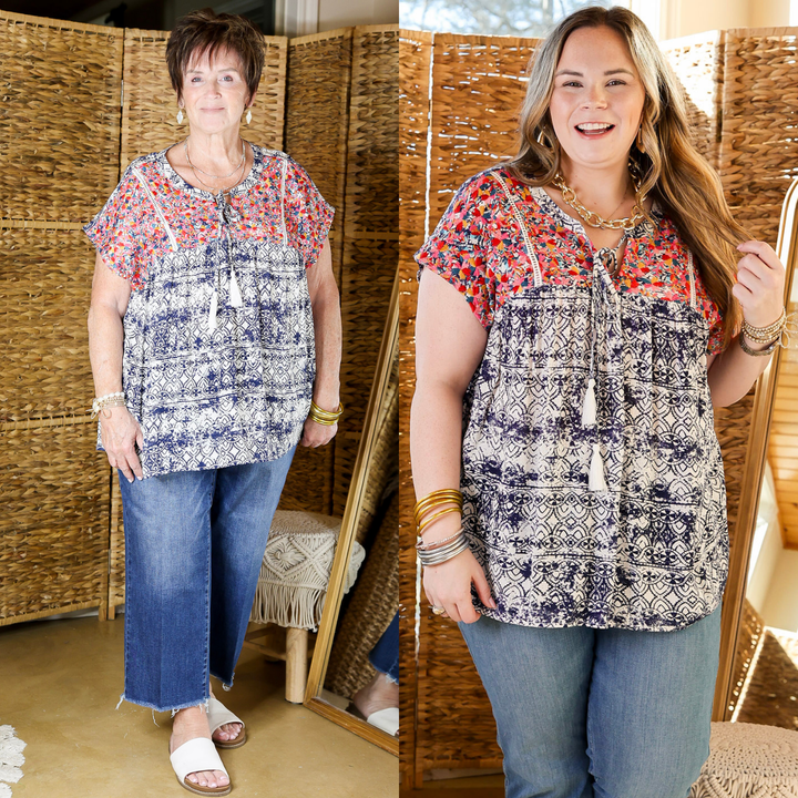 Fredericksburg In the Spring Embroidered Top with Front Keyhole in Ivory and Navy