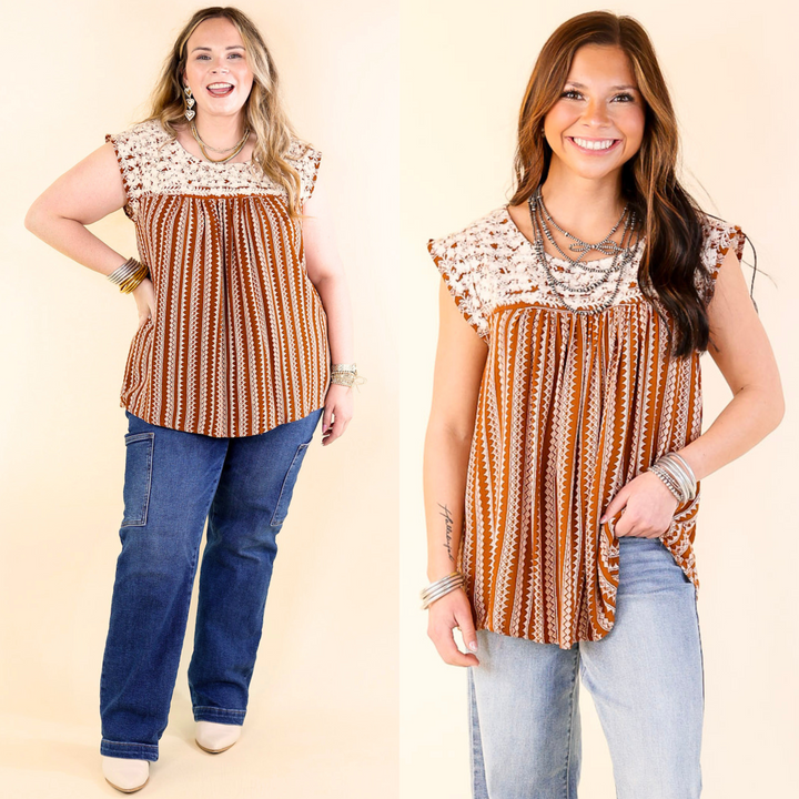 Afternoon Stroll Embroidered Tribal Top with Cap Sleeves in Rust Brown