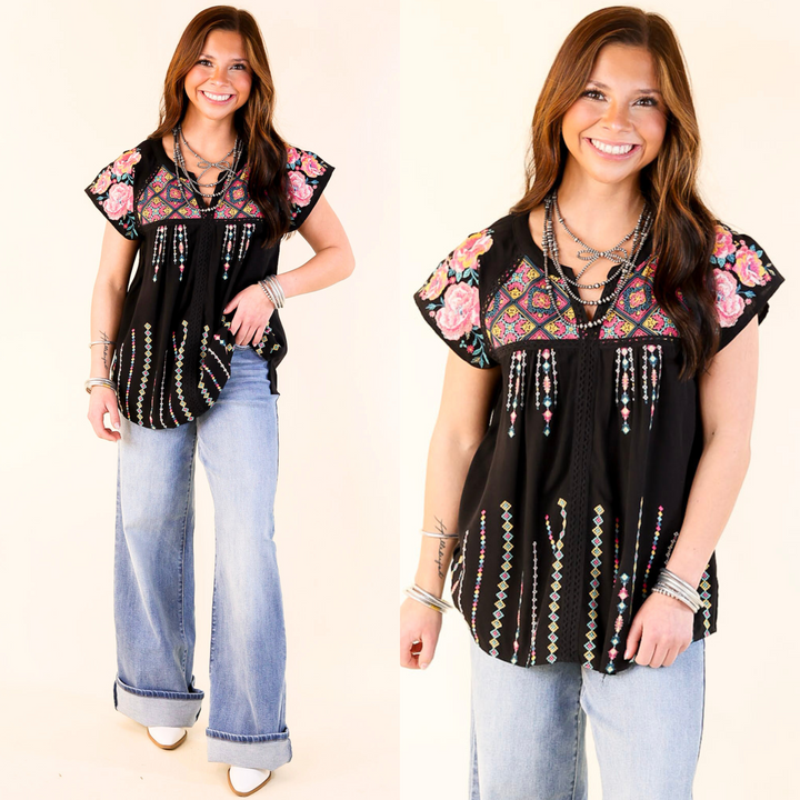 On A Journey Floral Embroidered V Notched Blouse in Black