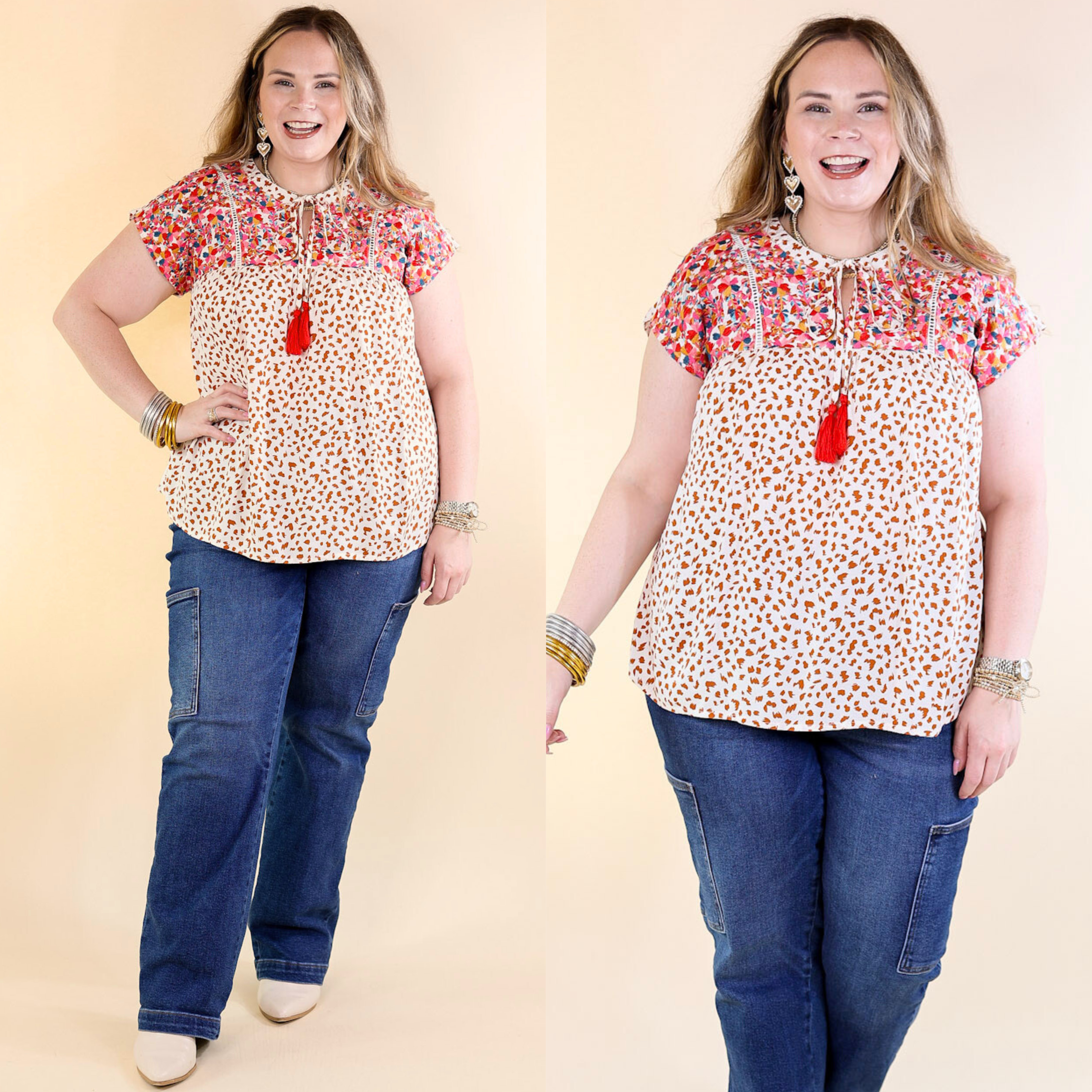 Fredericksburg In the Fall Embroidered Dotted Print Top with Front Keyhole in Ivory