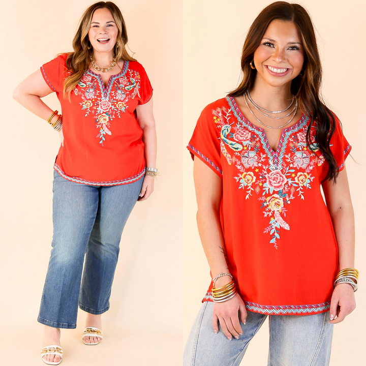 Desert Bloom Embroidered Short Sleeve Top in Red