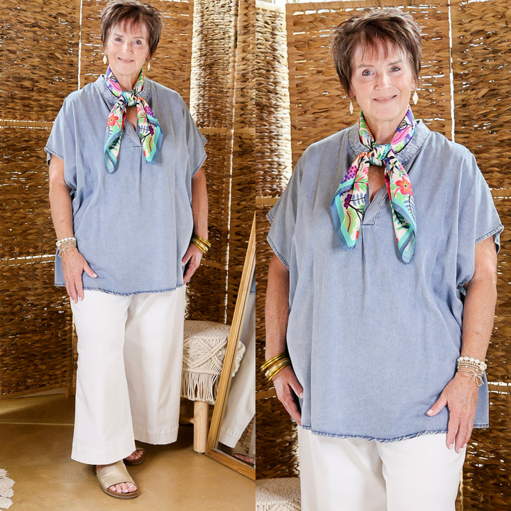 Fact Or Fiction Denim Top with Notched Neckline in Light Wash