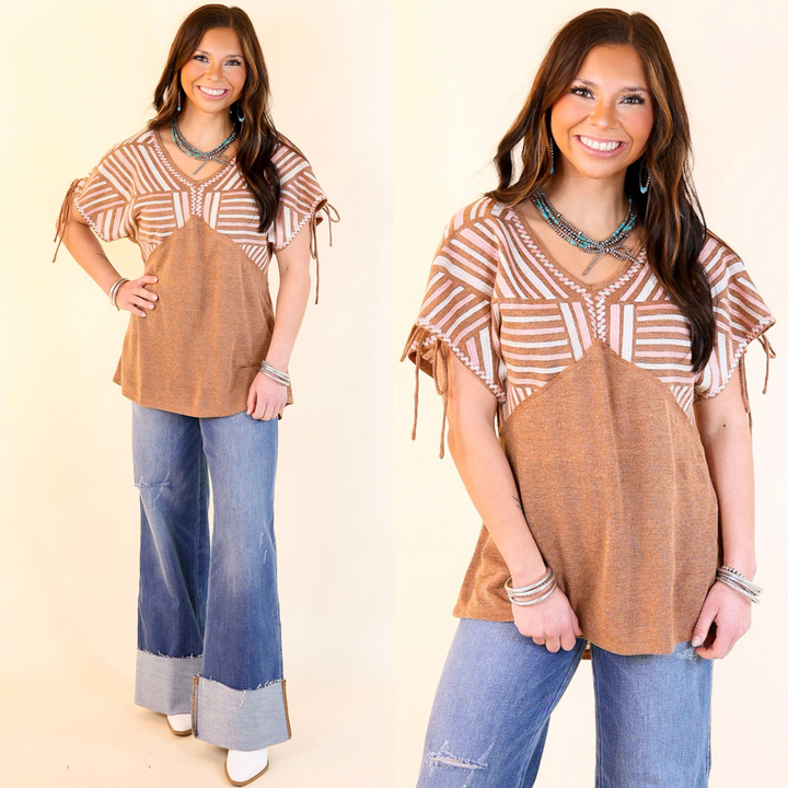 In the Desert Pink and Ivory Embroidered Top with Sleeve Ties in Brown