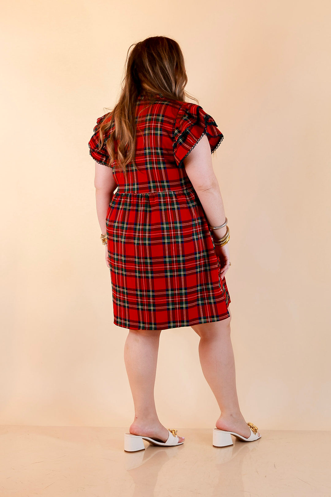 Family Tradition Plaid Ruffle Split Neck Flutter Sleeve Drop Waist Dress in Red
