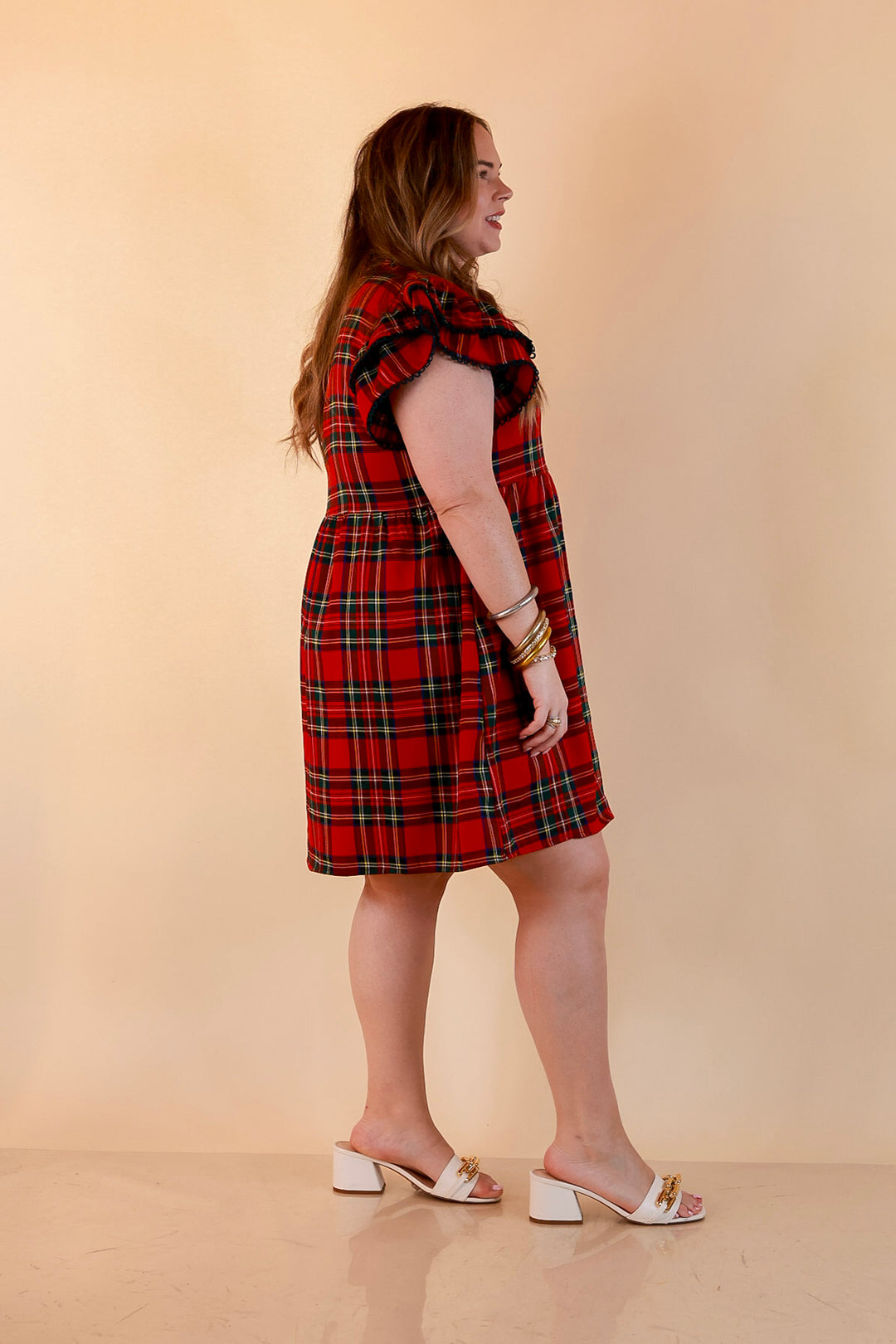 Family Tradition Plaid Ruffle Split Neck Flutter Sleeve Drop Waist Dress in Red