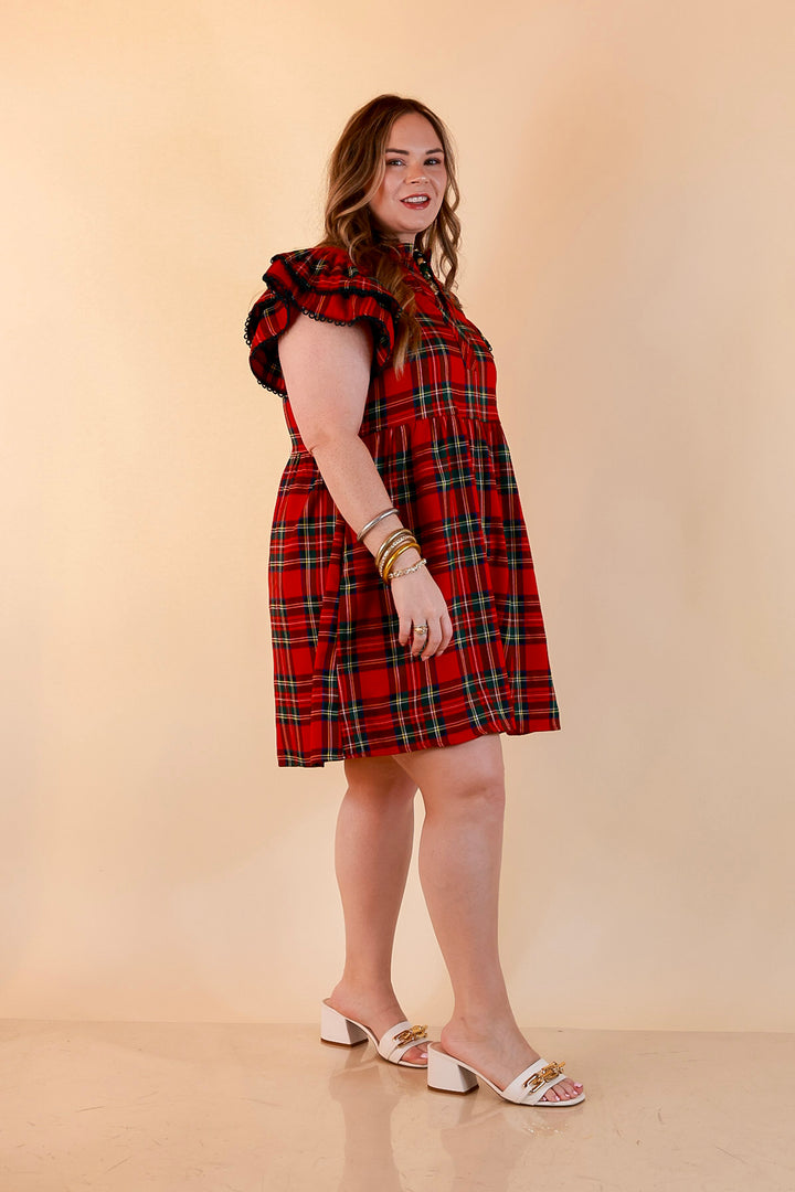 Family Tradition Plaid Ruffle Split Neck Flutter Sleeve Drop Waist Dress in Red
