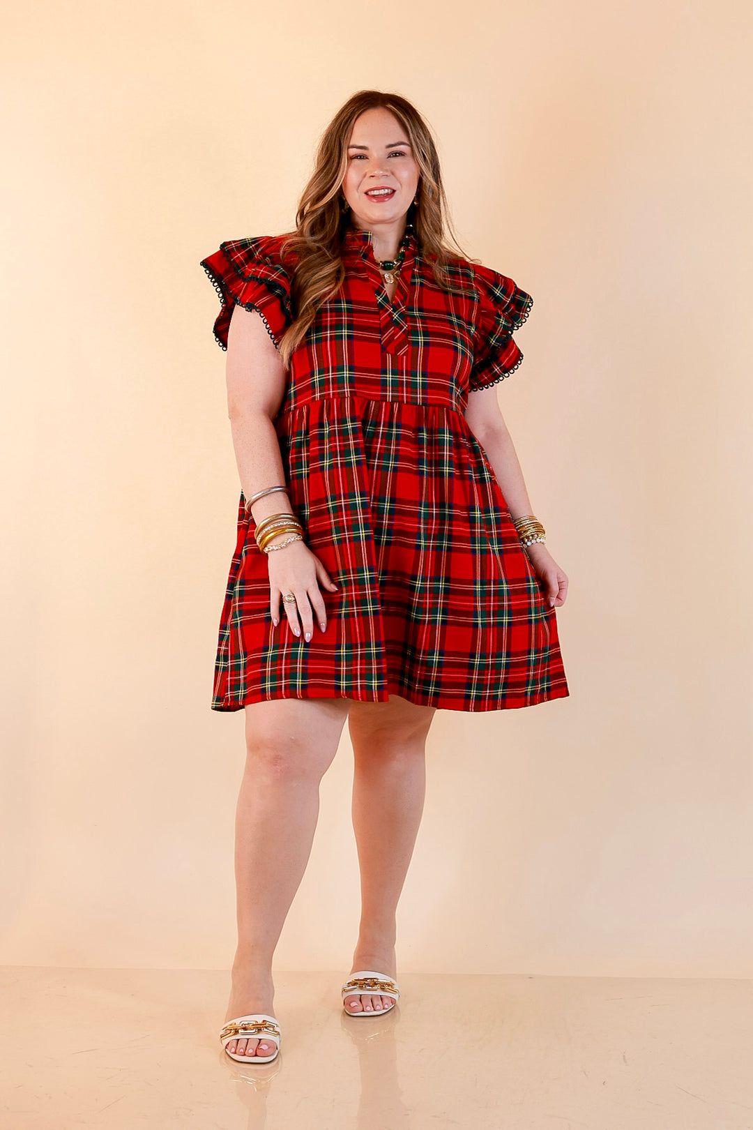 Family Tradition Plaid Ruffle Split Neck Flutter Sleeve Drop Waist Dress in Red