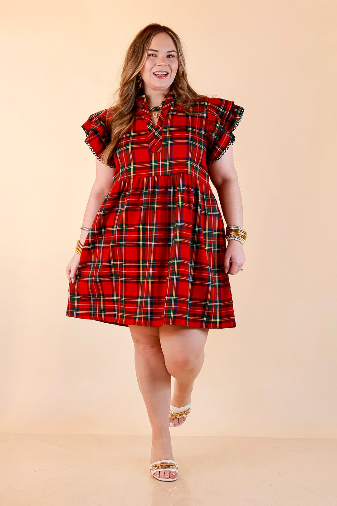 Family Tradition Plaid Ruffle Split Neck Flutter Sleeve Drop Waist Dress in Red