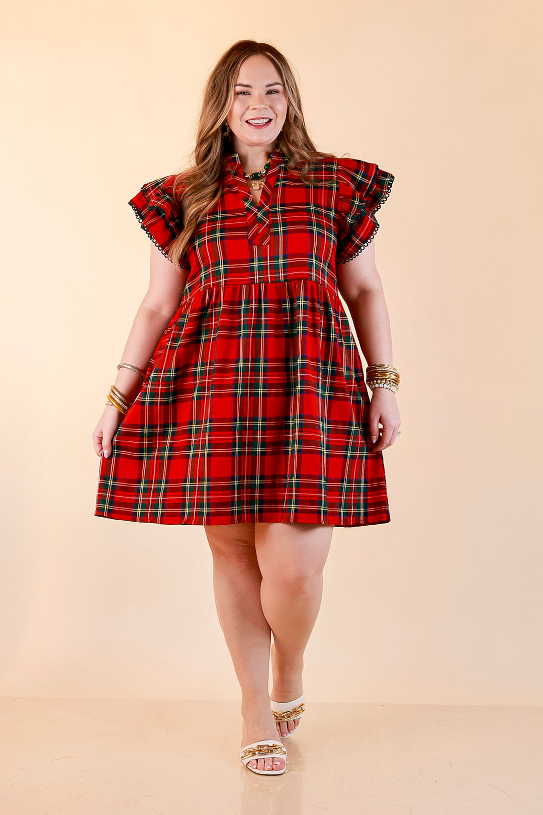 Family Tradition Plaid Ruffle Split Neck Flutter Sleeve Drop Waist Dress in Red