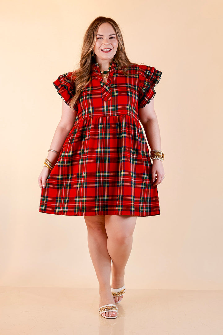 Family Tradition Plaid Ruffle Split Neck Flutter Sleeve Drop Waist Dress in Red