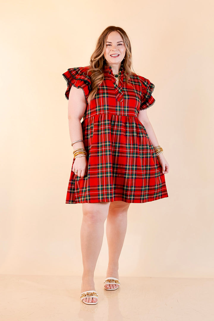 Family Tradition Plaid Ruffle Split Neck Flutter Sleeve Drop Waist Dress in Red