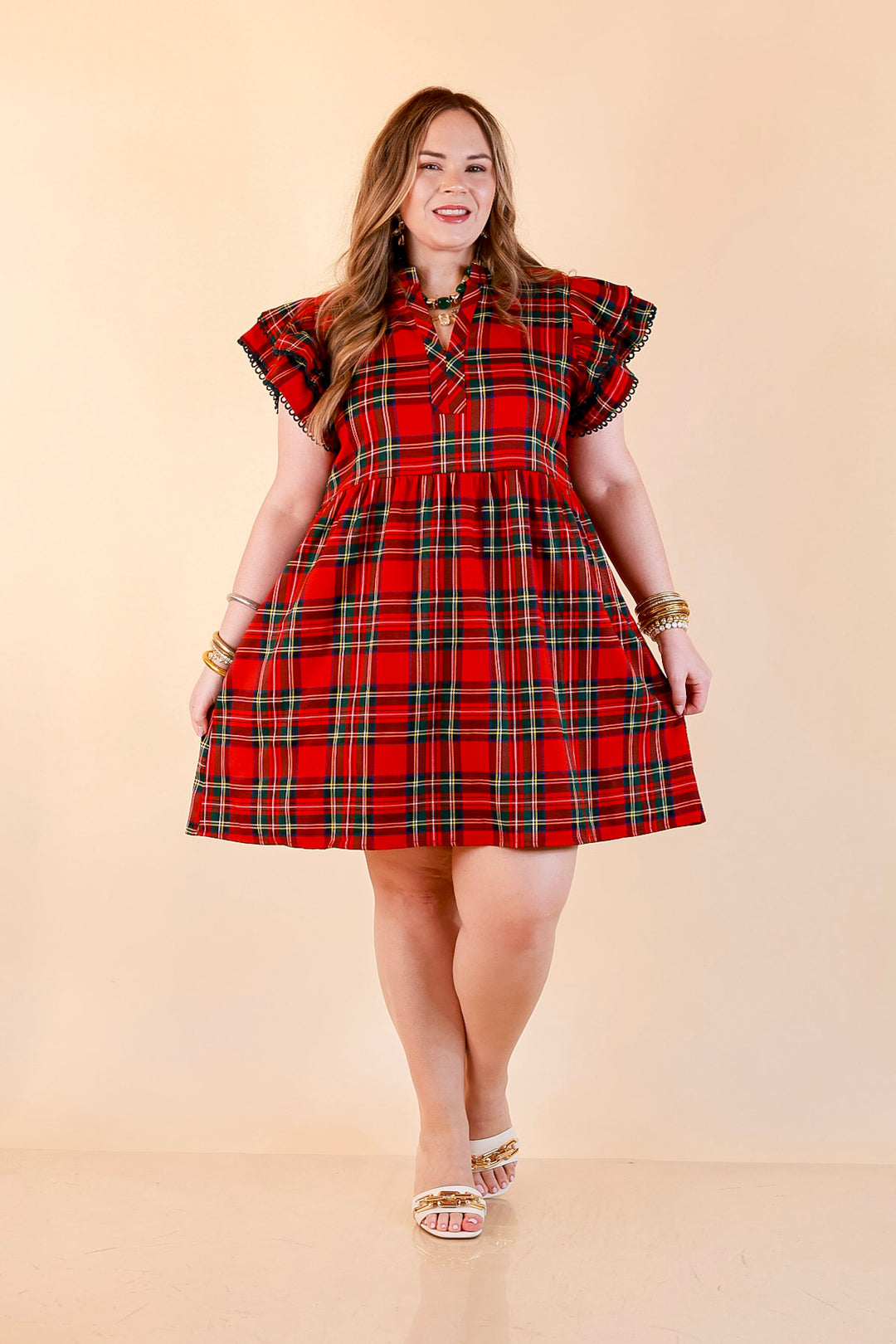 Family Tradition Plaid Ruffle Split Neck Flutter Sleeve Drop Waist Dress in Red