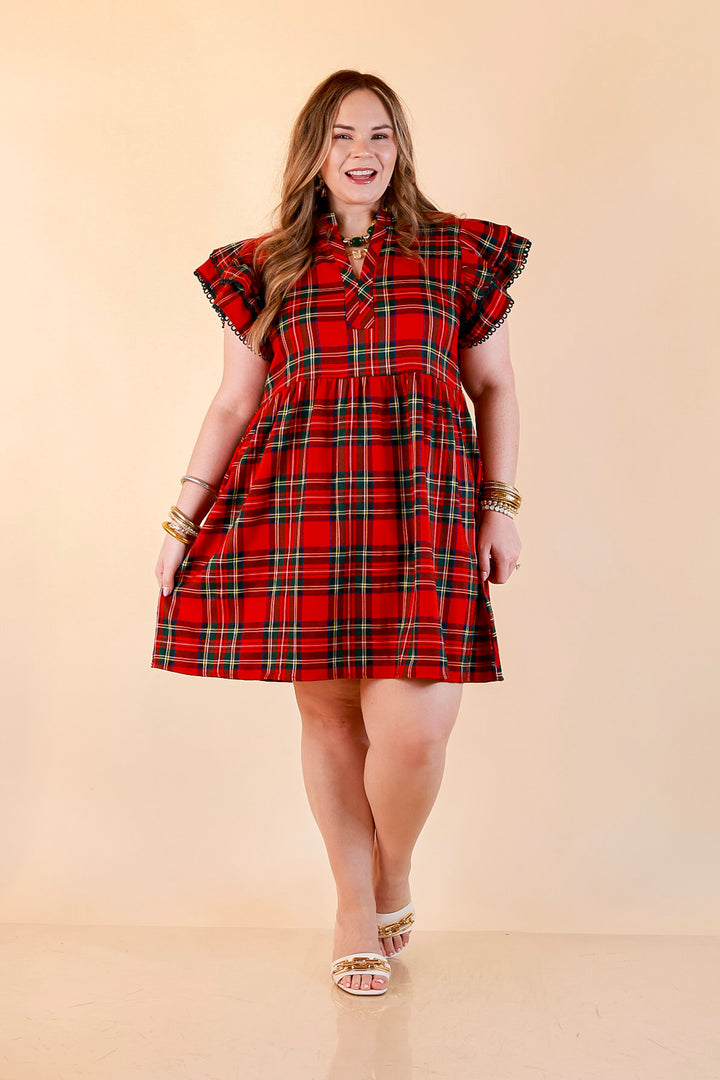 Family Tradition Plaid Ruffle Split Neck Flutter Sleeve Drop Waist Dress in Red