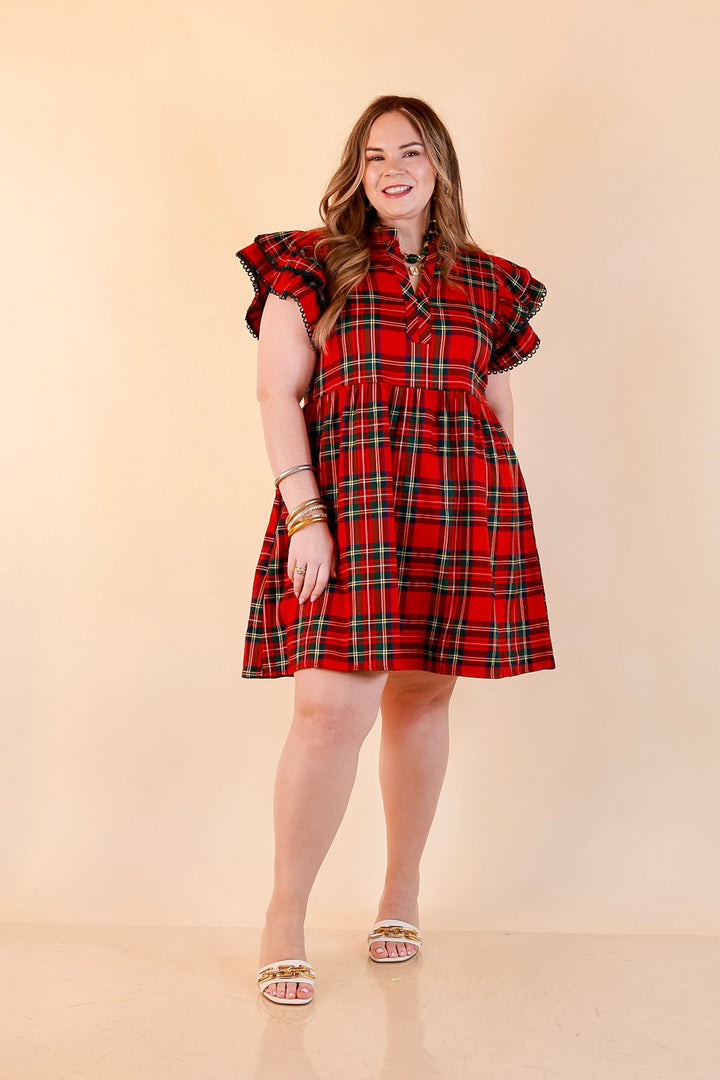 Family Tradition Plaid Ruffle Split Neck Flutter Sleeve Drop Waist Dress in Red