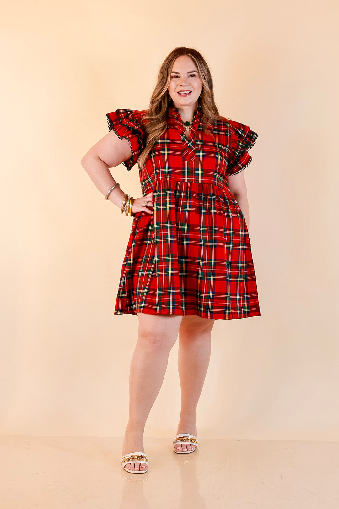Family Tradition Plaid Ruffle Split Neck Flutter Sleeve Drop Waist Dress in Red