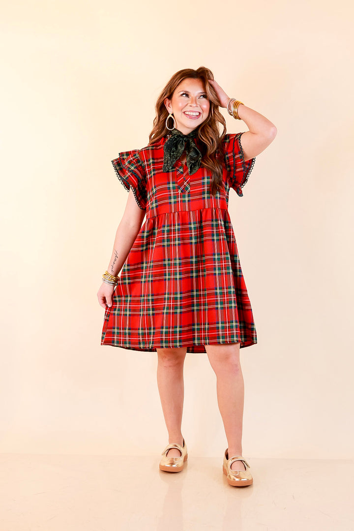 Family Tradition Plaid Ruffle Split Neck Flutter Sleeve Drop Waist Dress in Red