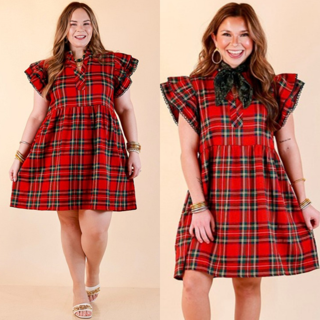 Family Tradition Plaid Ruffle Split Neck Flutter Sleeve Drop Waist Dress in Red