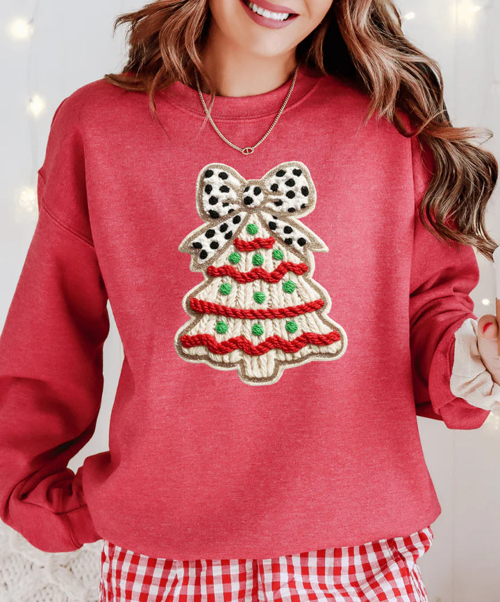 Online Exclusive | Faux Fuzzy Yarn Christmas Tree Cake Graphic on Tee & Sweatshirt Option
