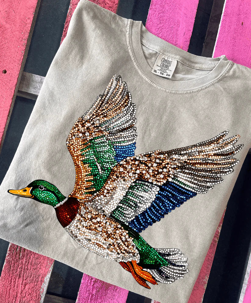 Mallard duck in flight faux rhinestone graphic tee – country chic style