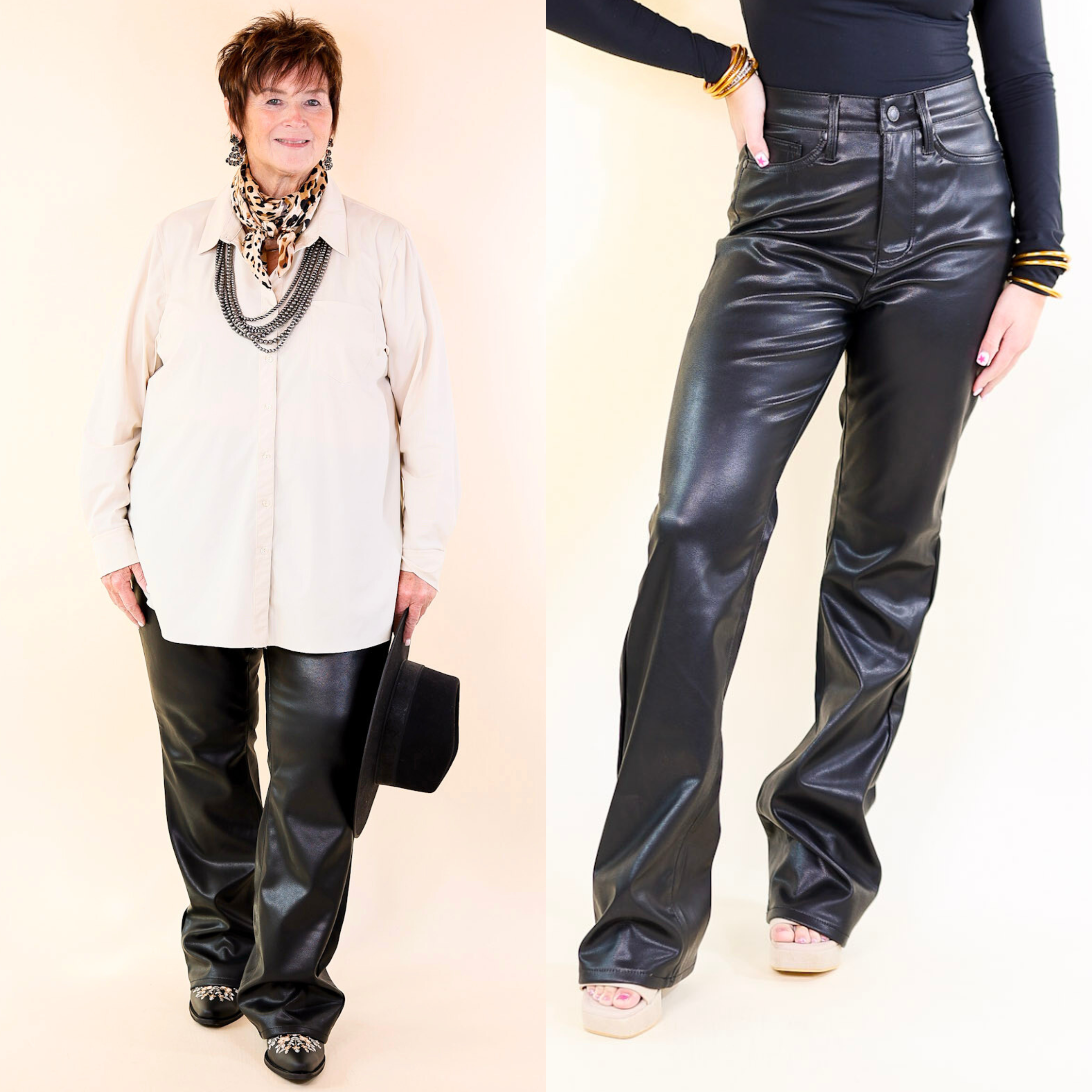 Judy Blue | A Night Out Tummy Control Faux Leather Bootcut Pants in Black