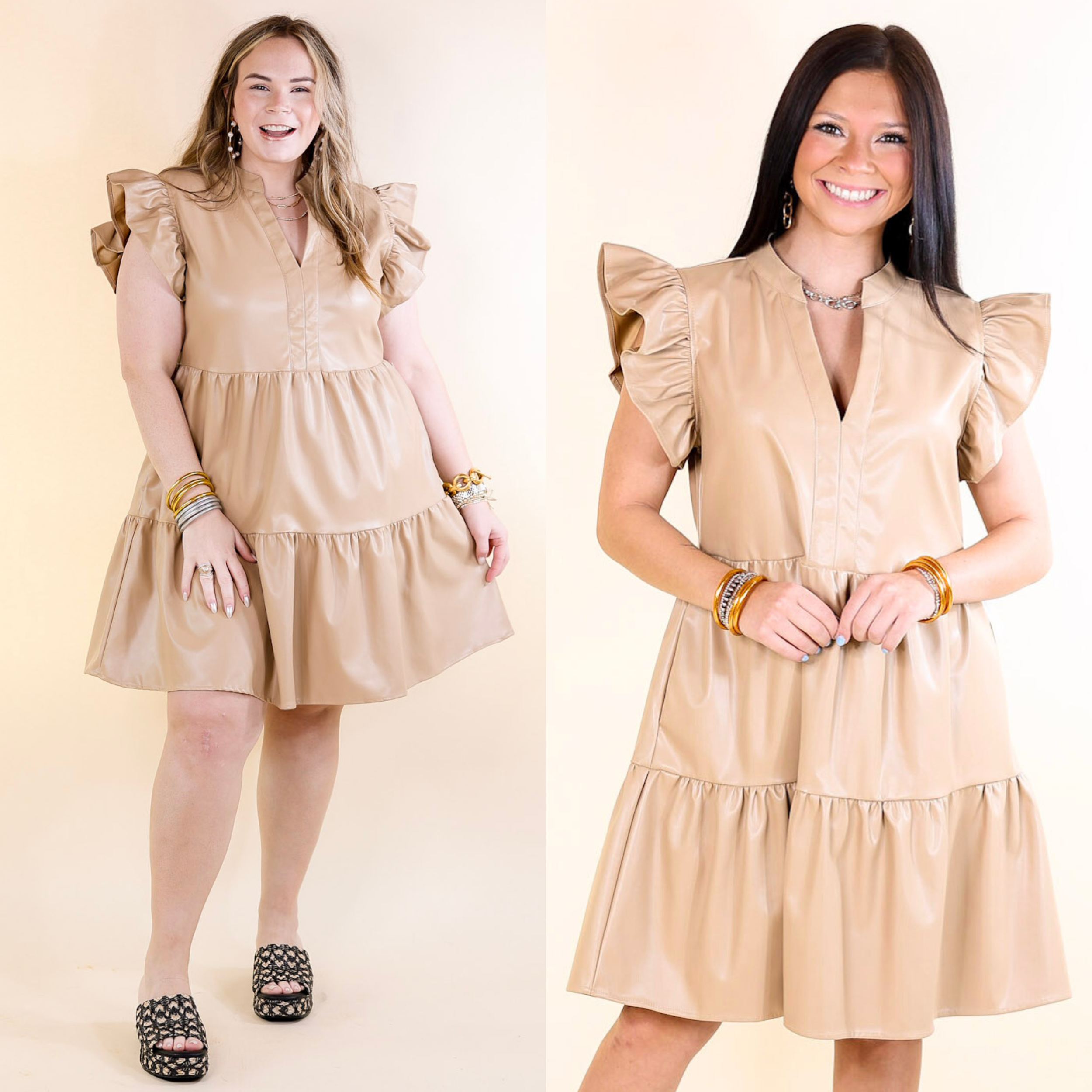 Magnolia Morning Ruffle Cap Sleeve Faux Leather Short Dress in Cream