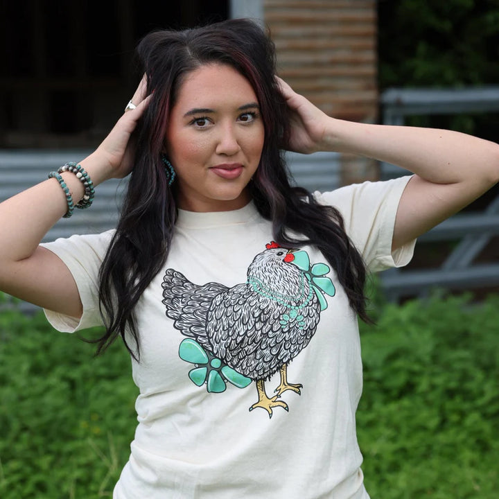 Online Exclusive | Turquoise Chicken with Flowers Short Sleeve Graphic Tee in Cream