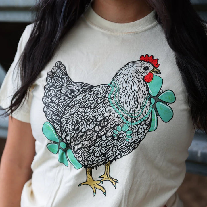 Online Exclusive | Turquoise Chicken with Flowers Short Sleeve Graphic Tee in Cream