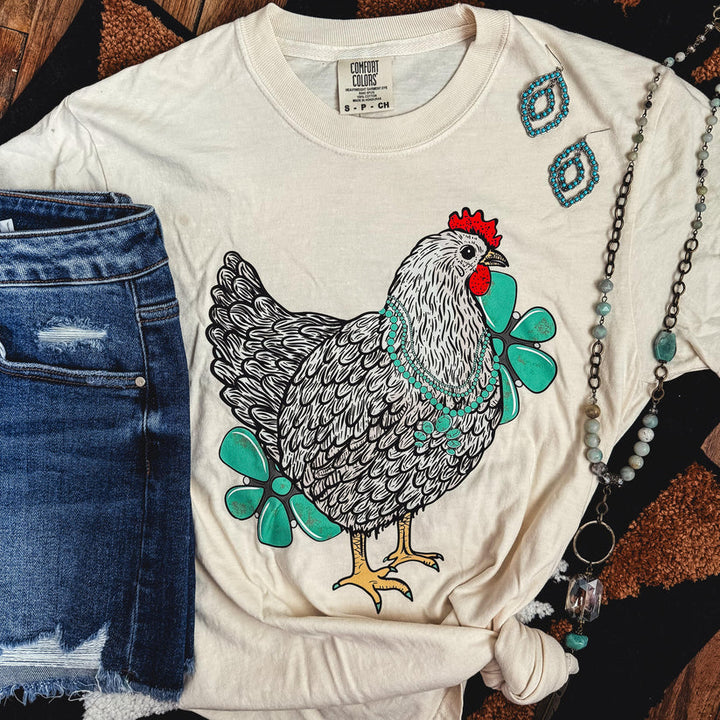 Online Exclusive | Turquoise Chicken with Flowers Short Sleeve Graphic Tee in Cream