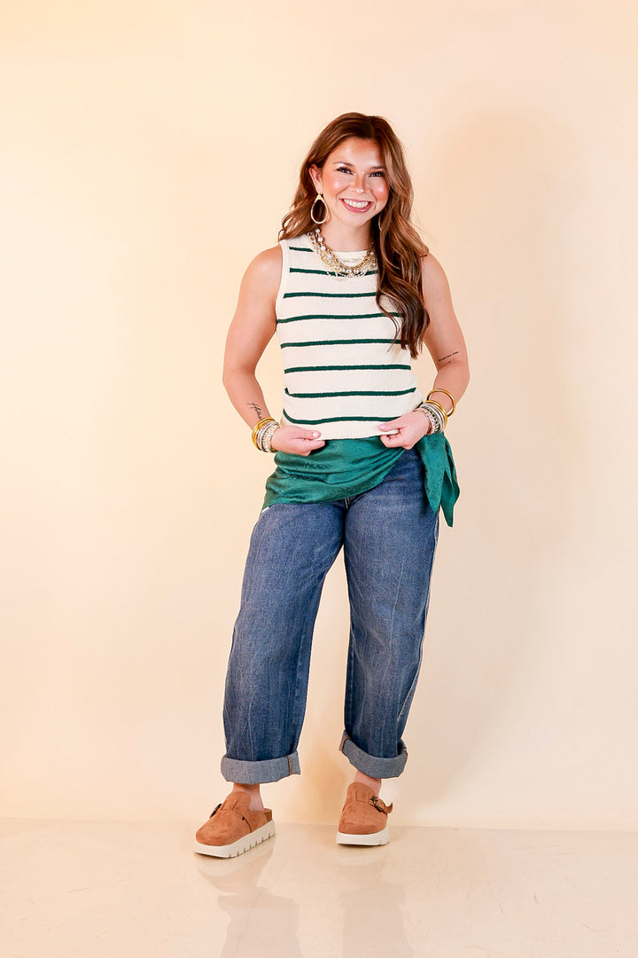 Fine Lines Striped Textured Knit Sweater Tank Top in Ivory with Forest Green Stripes