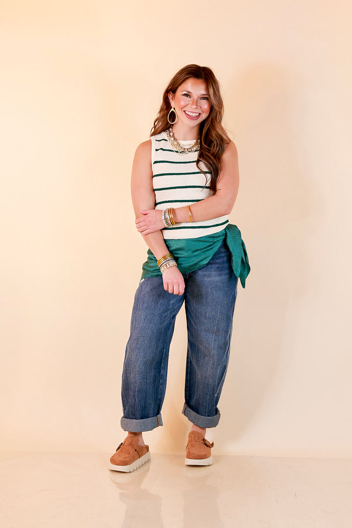 Fine Lines Striped Textured Knit Sweater Tank Top in Ivory with Forest Green Stripes
