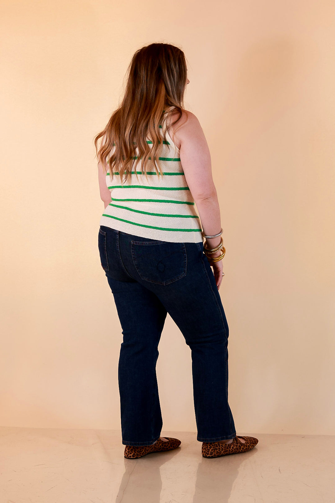 Fine Lines Striped Textured Knit Sweater Tank Top in Ivory with Forest Green Stripes