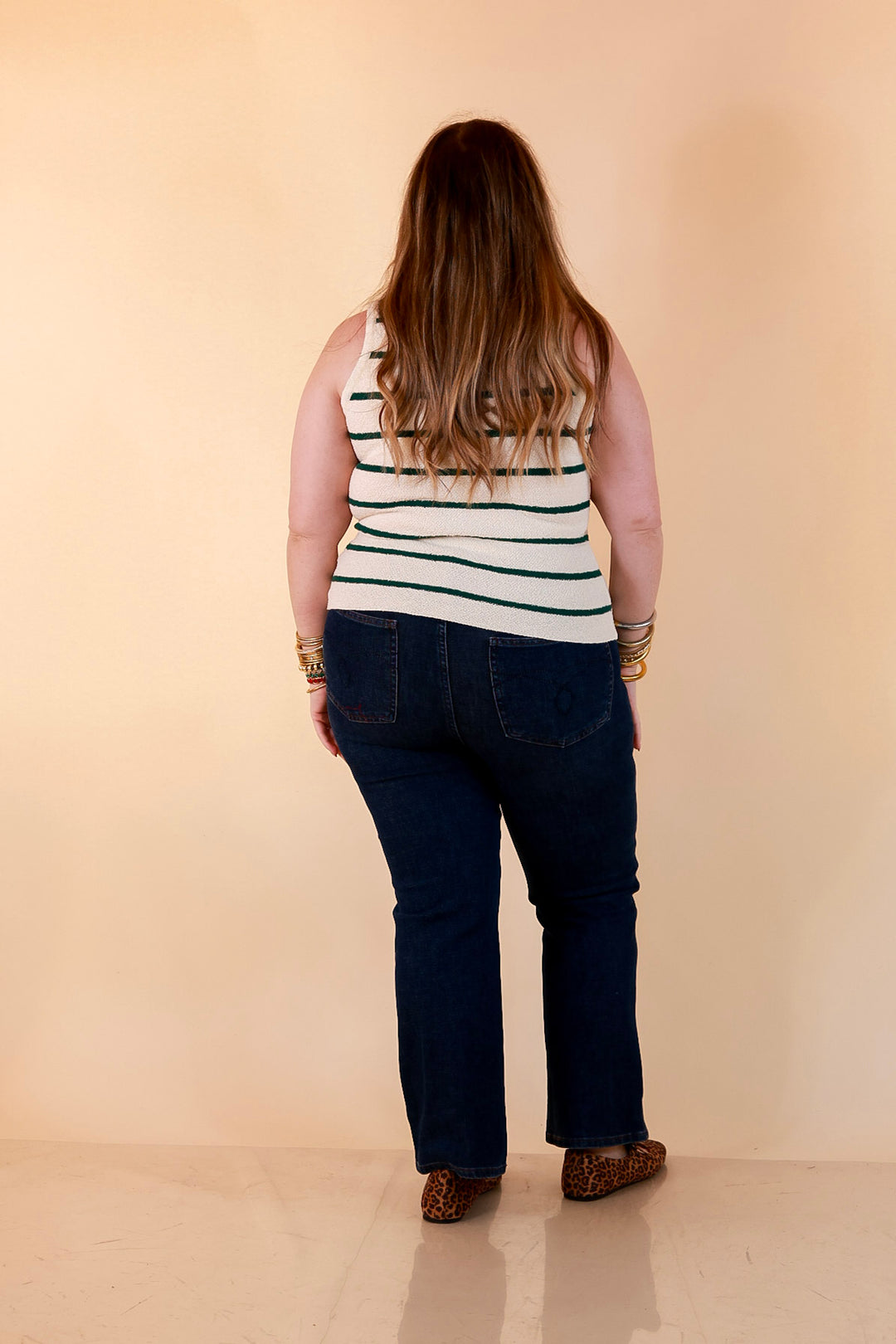 Fine Lines Striped Textured Knit Sweater Tank Top in Ivory with Forest Green Stripes