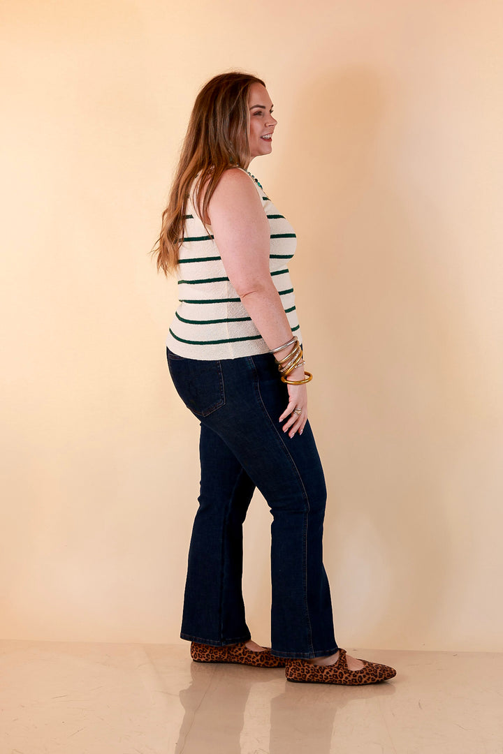 Fine Lines Striped Textured Knit Sweater Tank Top in Ivory with Forest Green Stripes