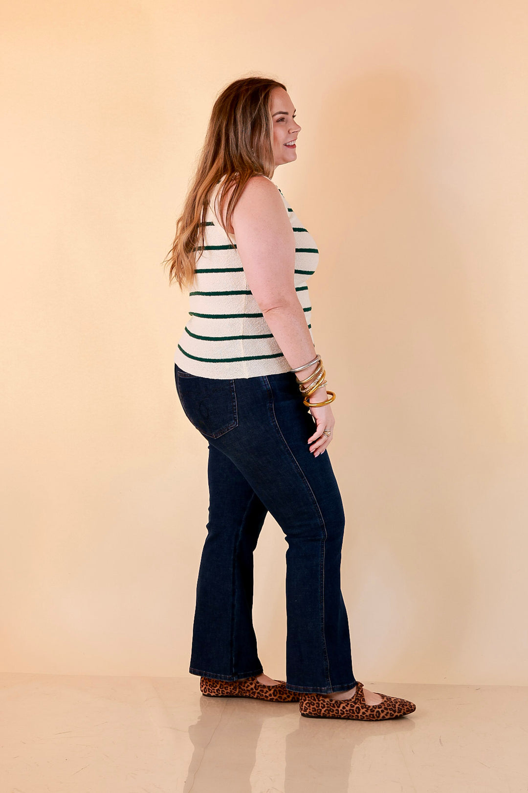 Fine Lines Striped Textured Knit Sweater Tank Top in Ivory with Forest Green Stripes