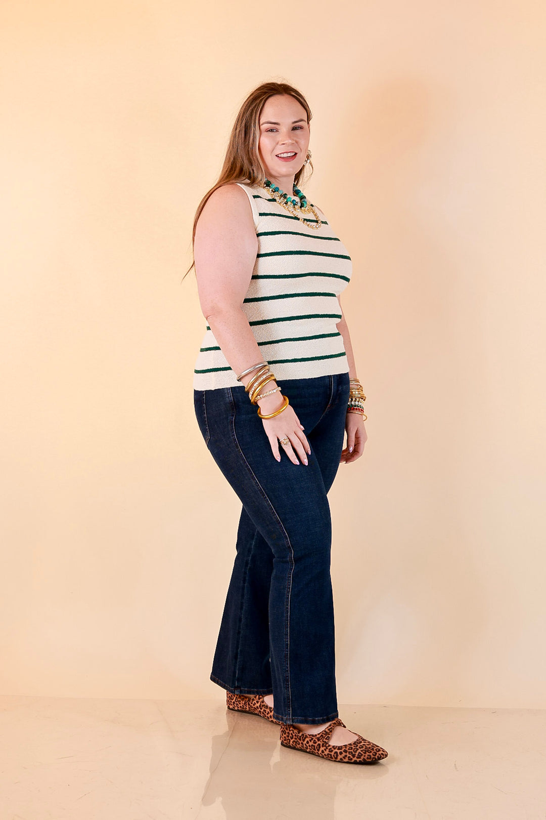 Fine Lines Striped Textured Knit Sweater Tank Top in Ivory with Forest Green Stripes