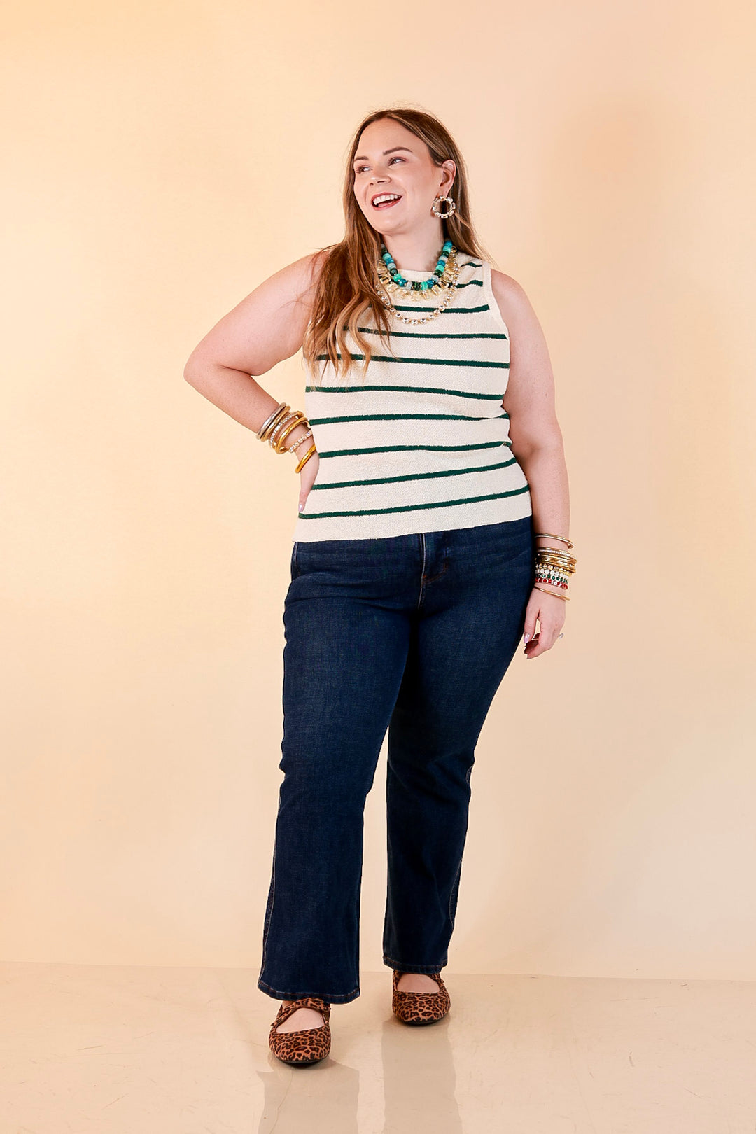 Fine Lines Striped Textured Knit Sweater Tank Top in Ivory with Forest Green Stripes
