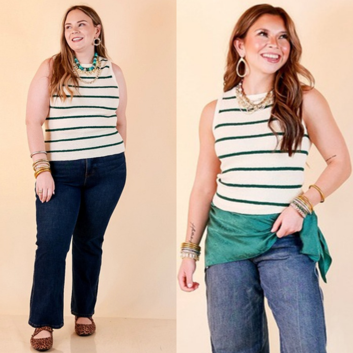 Fine Lines Striped Textured Knit Sweater Tank Top in Ivory with Forest Green Stripes