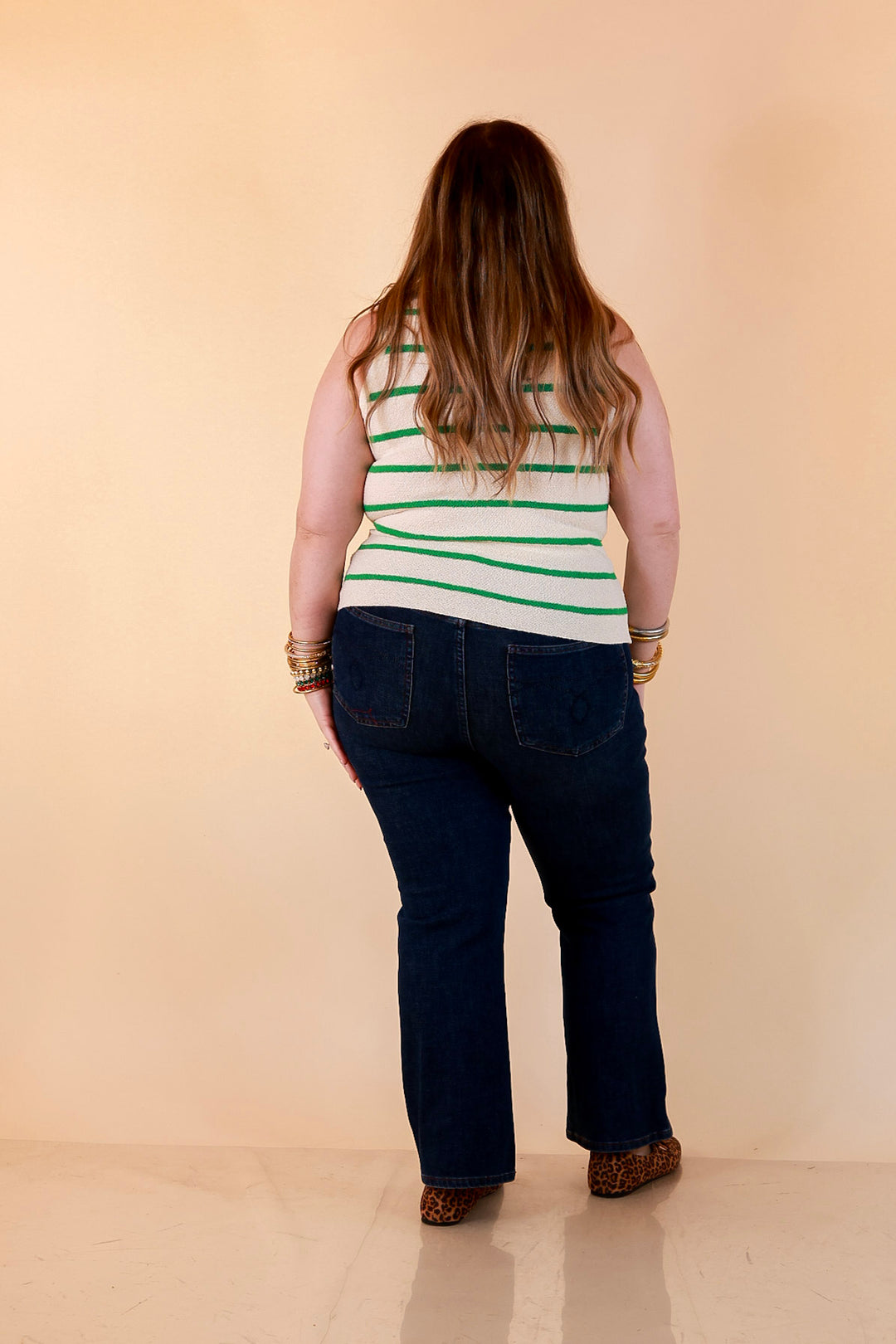 Fine Lines Striped Textured Knit Sweater Tank Top in Ivory with Kelly Green Stripes