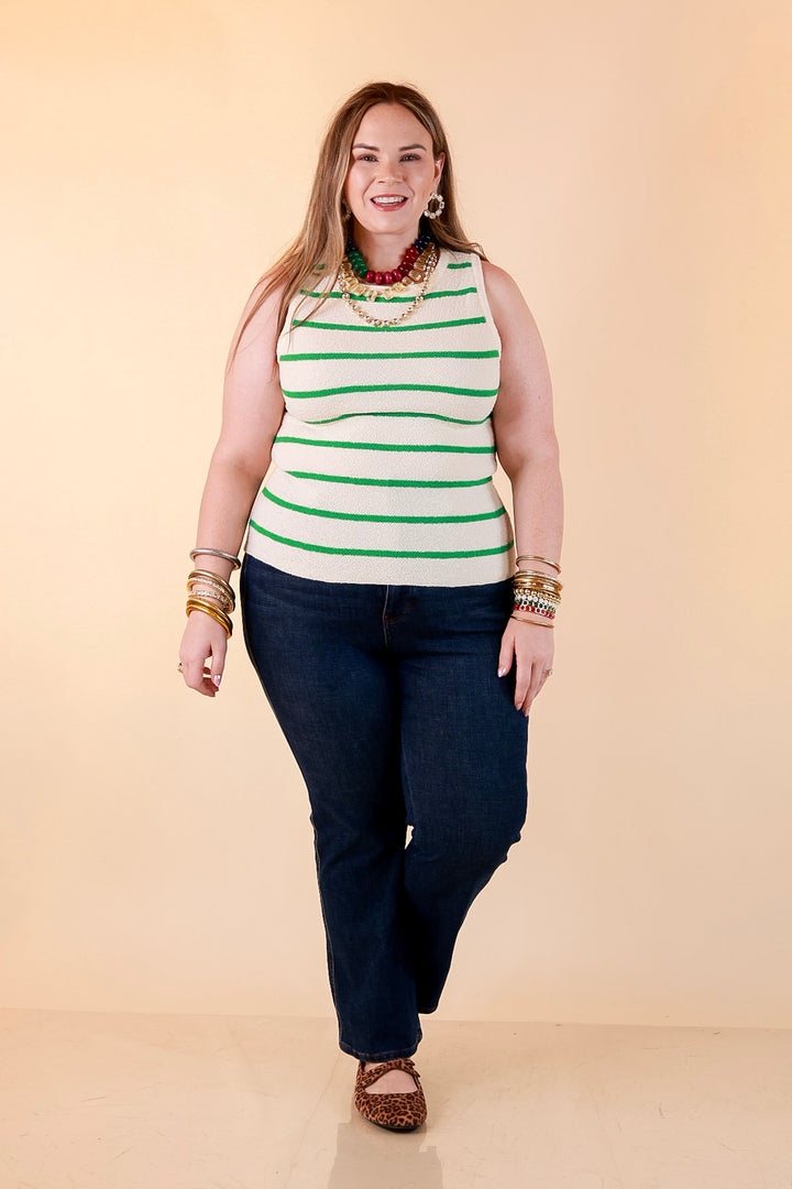 Fine Lines Striped Textured Knit Sweater Tank Top in Ivory with Kelly Green Stripes