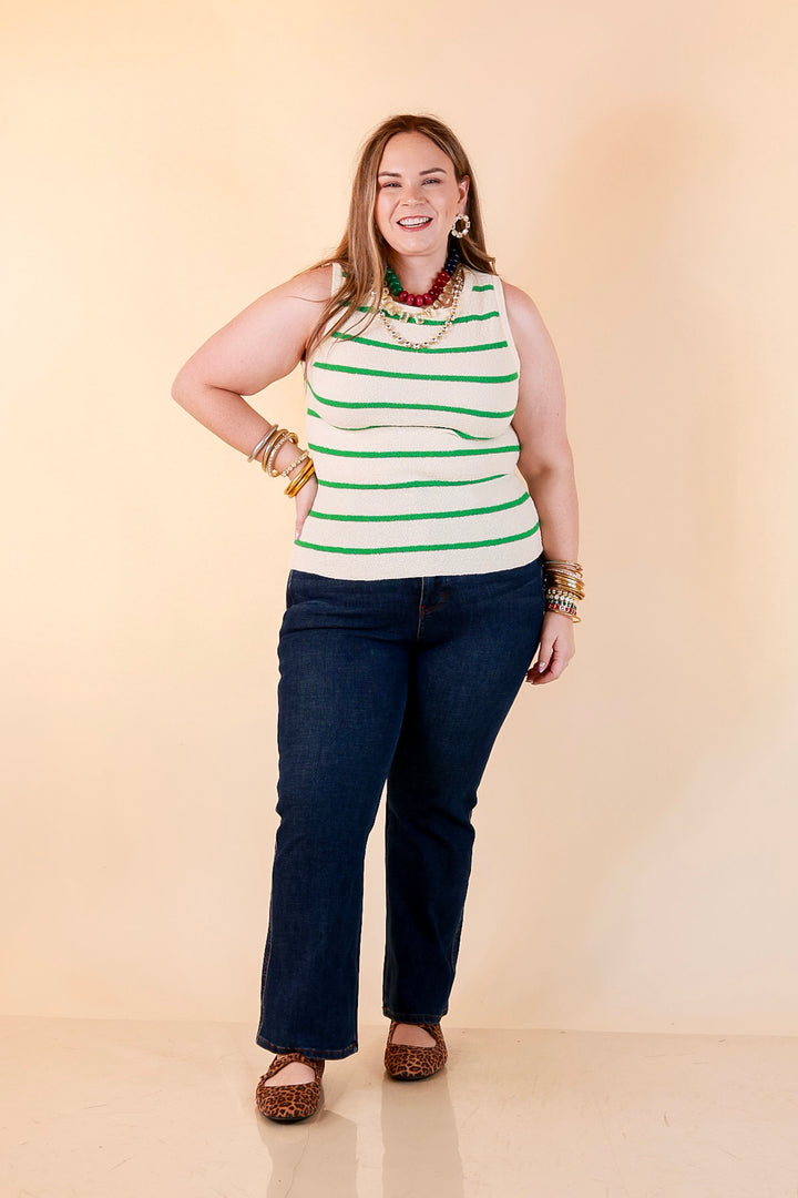 Fine Lines Striped Textured Knit Sweater Tank Top in Ivory with Kelly Green Stripes