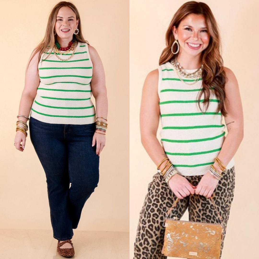 Fine Lines Striped Textured Knit Sweater Tank Top in Ivory with Kelly Green Stripes