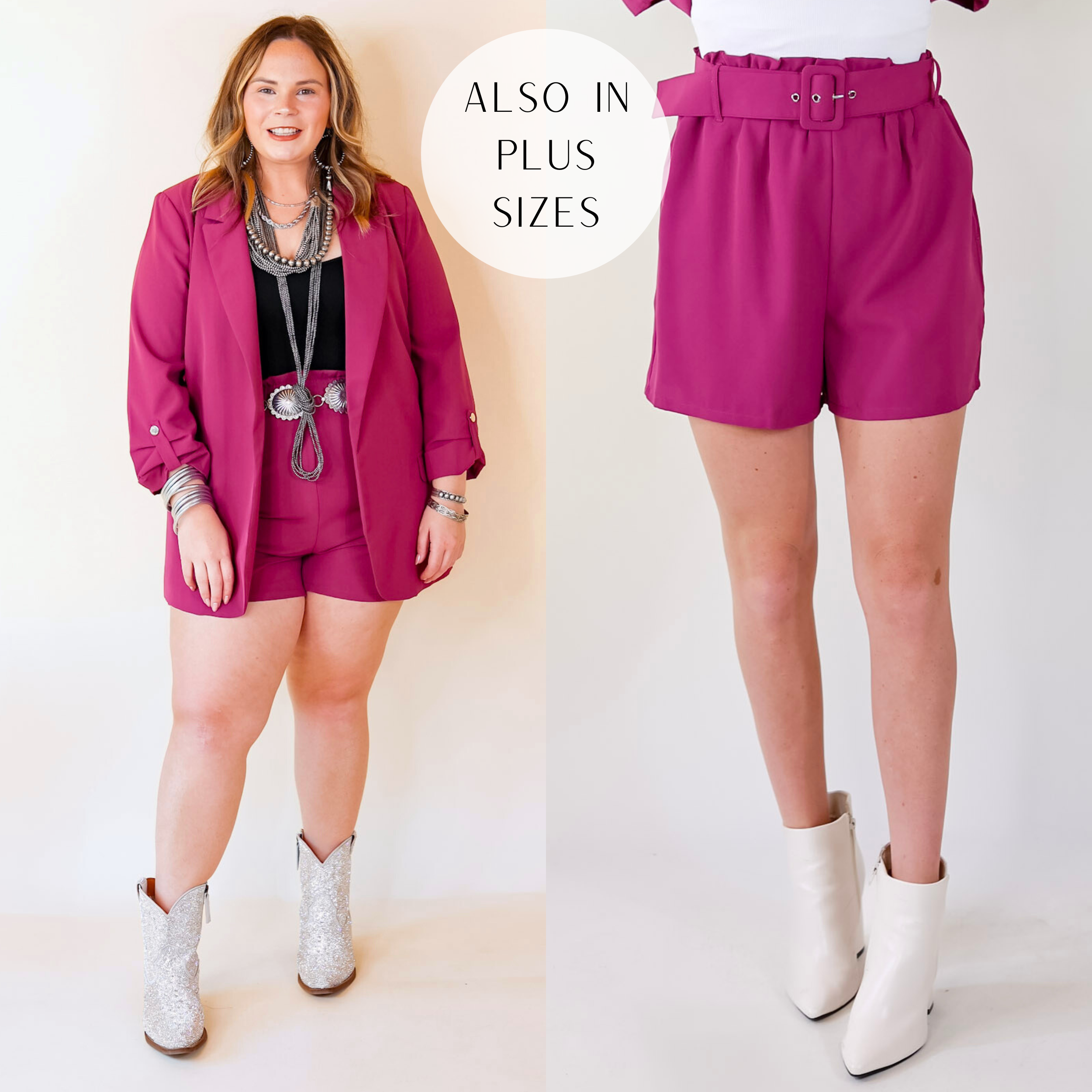 Models are wearing magenta shorts with matching belt. Size large model has it paired with a black undershirt, Navajo jewelry, the matching blazer, and silver boots.  Size small model has it paired with a white undershirt and white booties. 