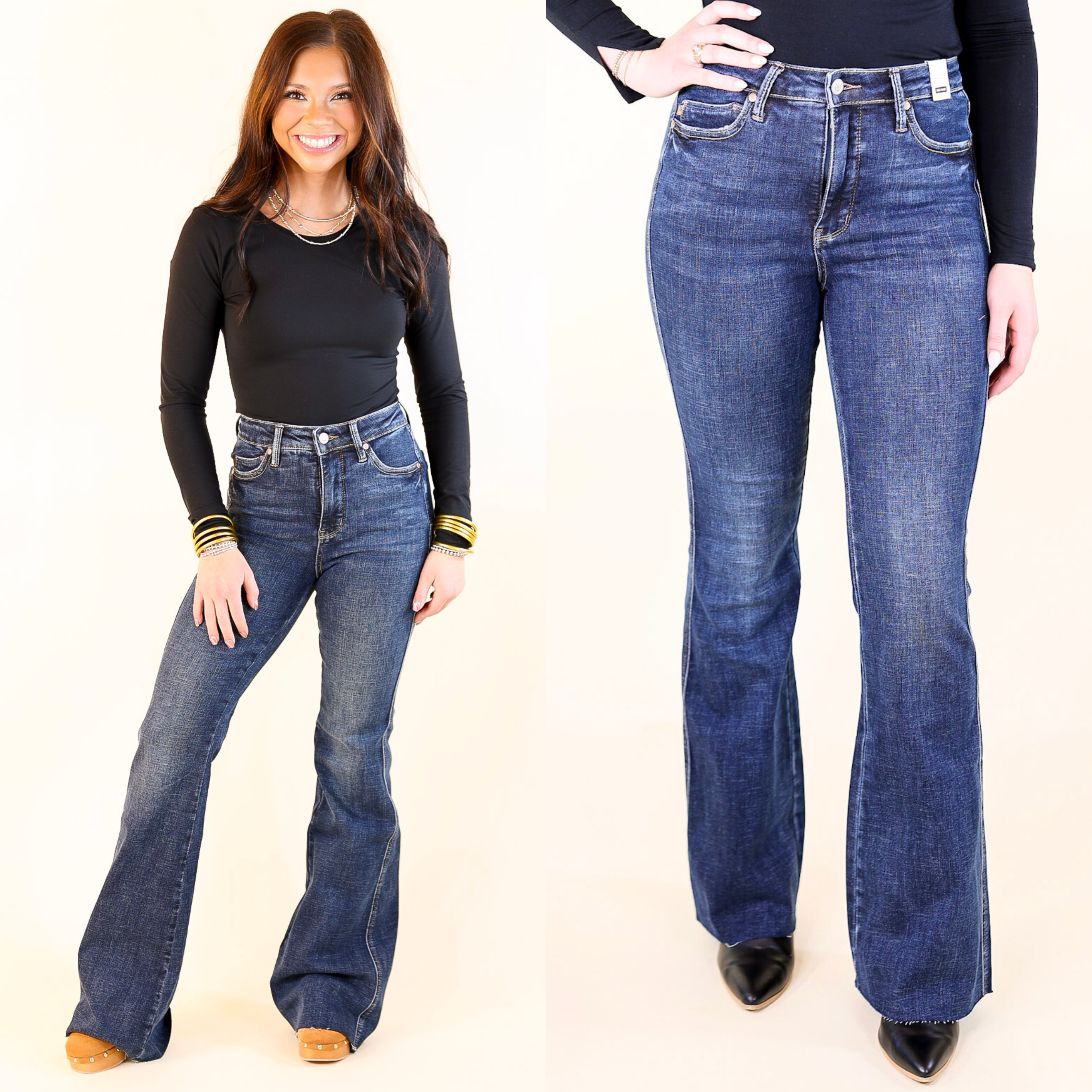 Judy Blue | City Chic High Waisted Tummy Control Flare Jean with Shield Back Pockets in Dark Wash